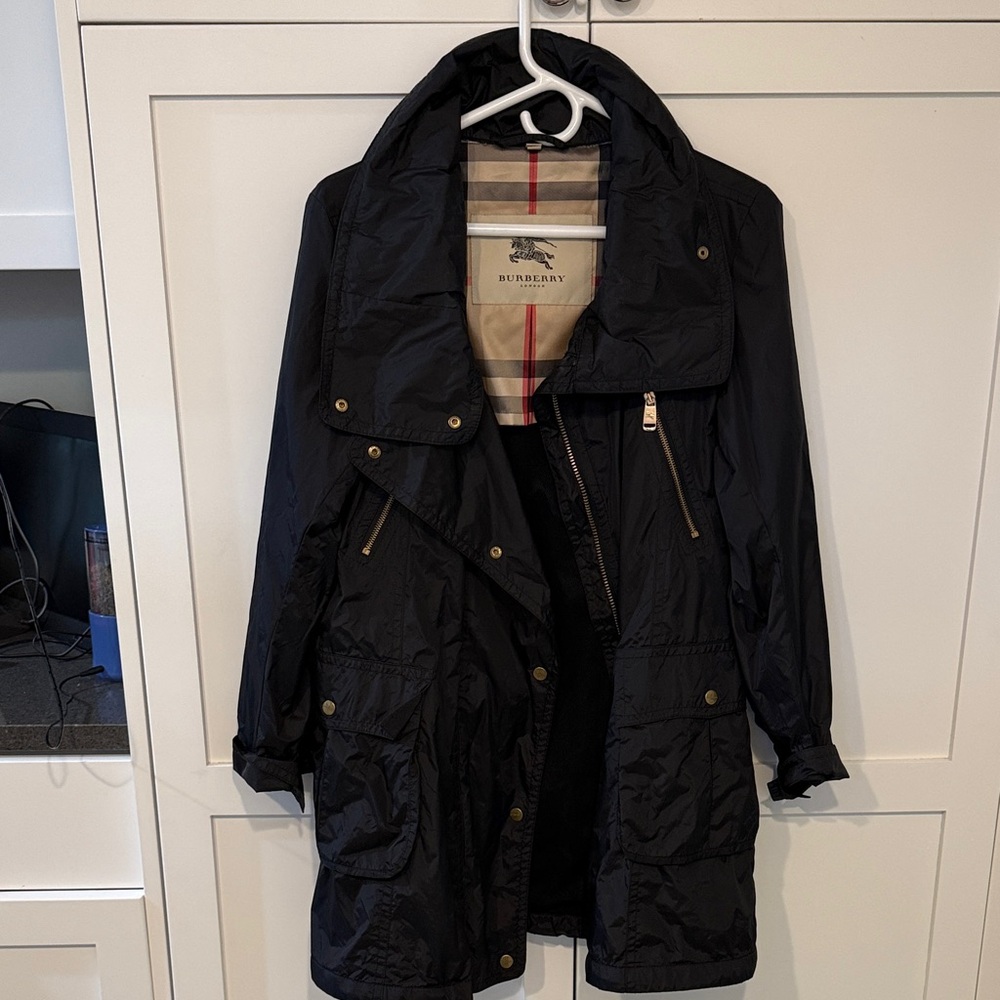 Burberry Black Hooded Parka with Signature Nova Check Trim